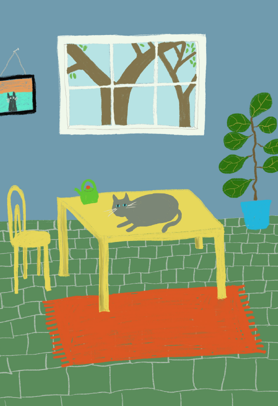 Grey Cat Yellow Table Card