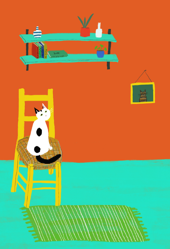 White Spotty Cat Yellow Chair Card